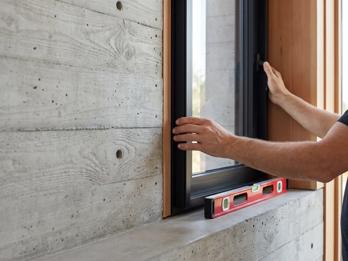 Hände setzen ein schwarz gerahmtes Fenster in eine Sichtbetonlaibung, auf der Fensterbank liegt eine Wasserwaage