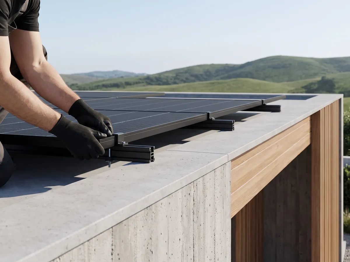 Hände in Arbeitshandschuhen klemmen ein schwarzes Solarmodul auf eine Montageschiene am Flachdach